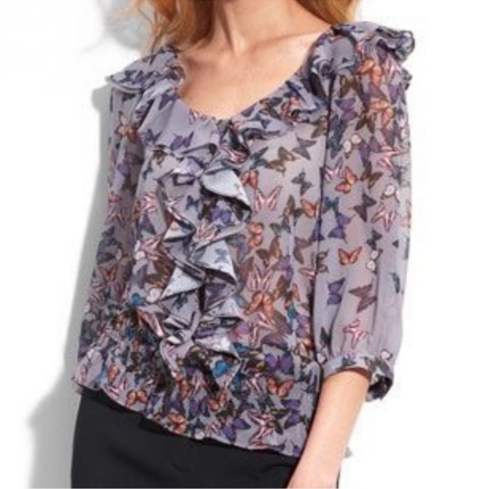 Ted Baker London Grey Frilled Butterfly Print Blouse with Ruffles Size 3 Medium